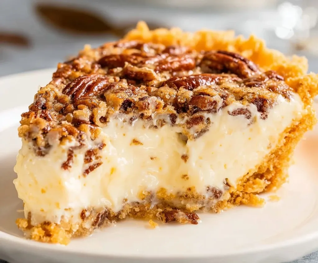 Delicious slice of pecan cream pie topped with whipped cream and pecans