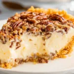 Delicious slice of pecan cream pie topped with whipped cream and pecans