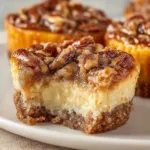 Decadent pecan pie cheesecakes topped with crunchy pecans and caramel drizzle