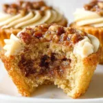 Pecan pie cupcakes topped with caramel and pecans, showcasing a delightful dessert.