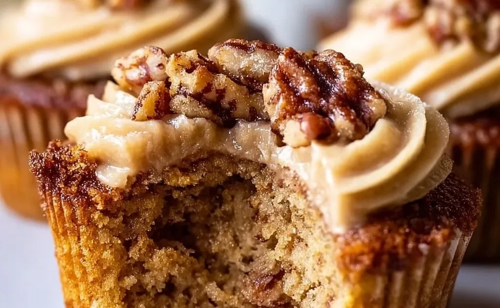Delicious pecan pie cupcakes with brown sugar frosting on a white platter