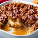 Delicious pecan pie dip served in a bowl with a sprinkle of chopped pecans on top.