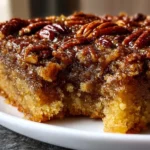 Delicious pecan pie dump cake served on a plate with pecans and caramel drizzle
