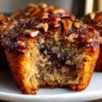 Pecan pie muffins fresh out of the oven, topped with pecan pieces