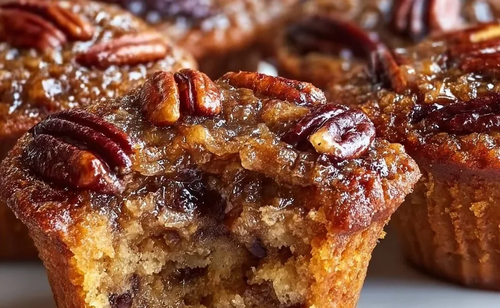 Pecan pie muffins fresh out of the oven with a golden brown top.