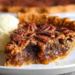 Delicious homemade pecan pie on a wooden table