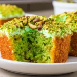 Delicious homemade pistachio cake garnished with nuts and frosting