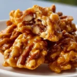 Delicious praline crunch dessert featuring caramel and nut toppings.