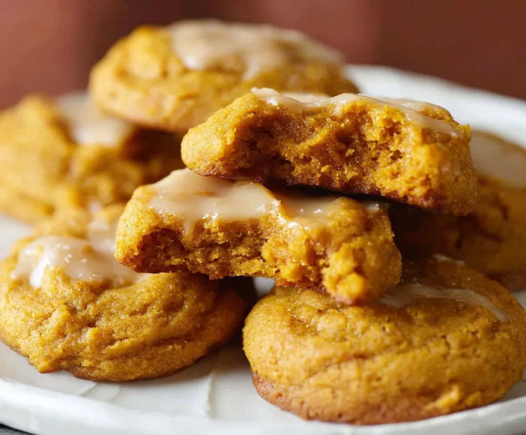 Freshly baked pumpkin cookies with spices and frosting on a cooling rack