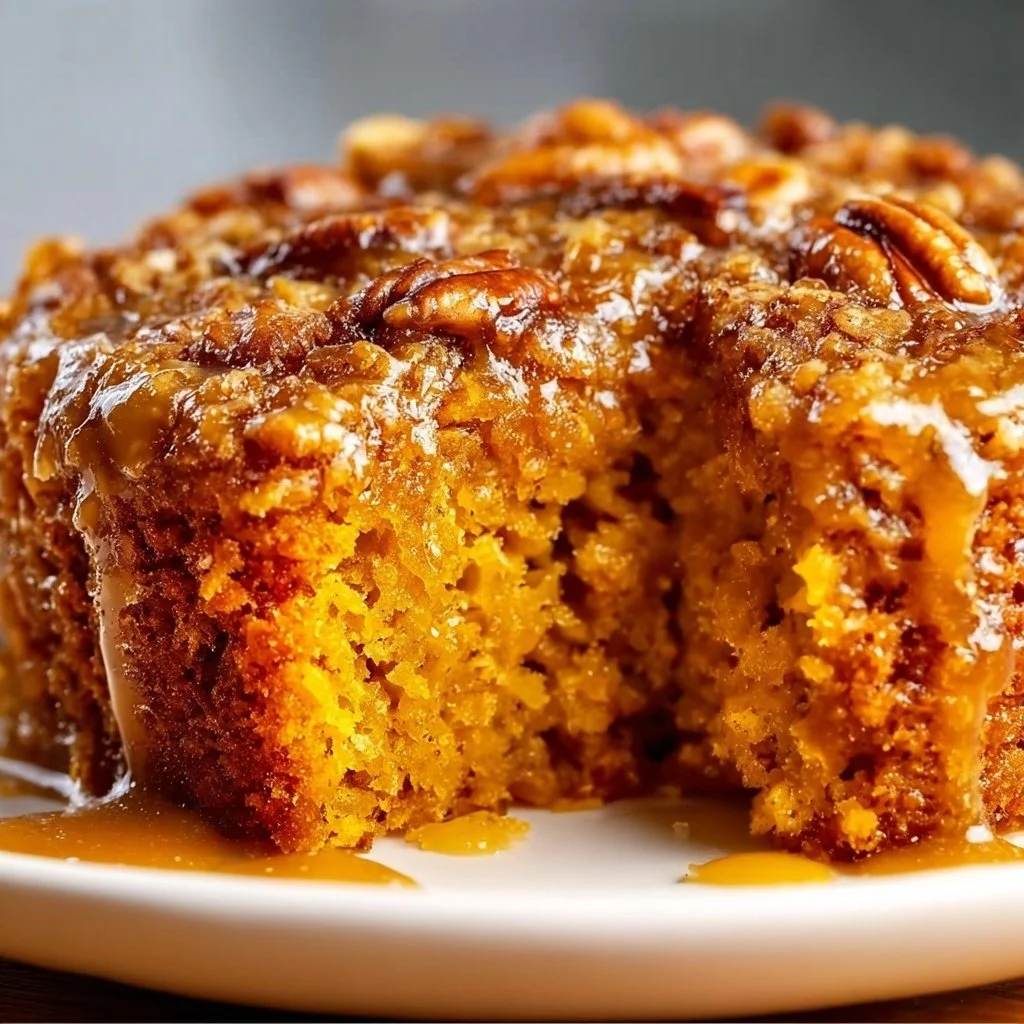 Delicious pumpkin oatmeal dump cake topped with spices and served with cream.