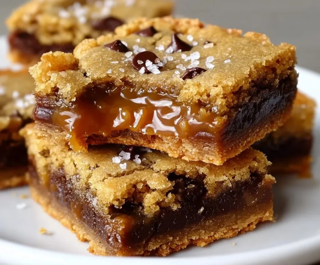 Salted caramel chocolate chip cookie bars ready to be served and enjoyed