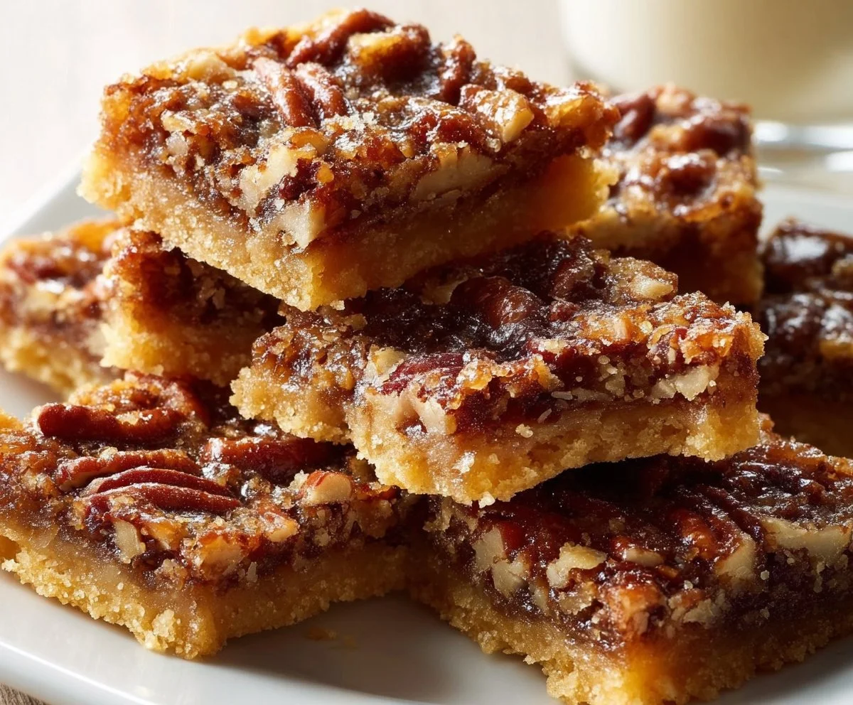 Delicious salted pecan shortbread squares on a white plate