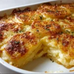 Baked scalloped potatoes with creamy cheese sauce and golden crust.