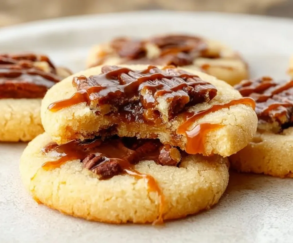 Delicious shortbread turtle cookies with caramel and chocolate