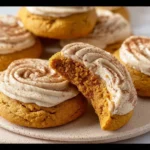 Soft pumpkin cookies with cinnamon frosting on a plate