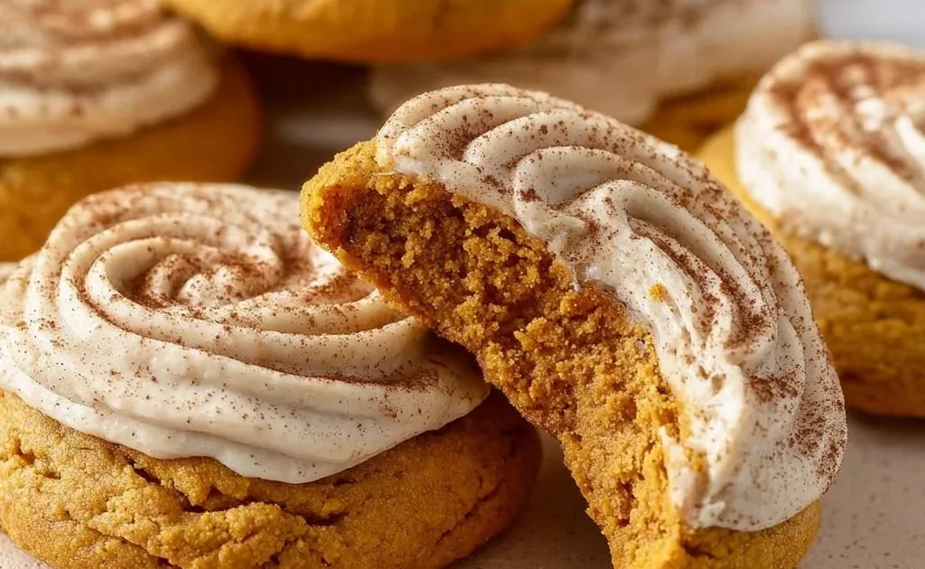 Soft pumpkin cookies with cinnamon frosting on a plate