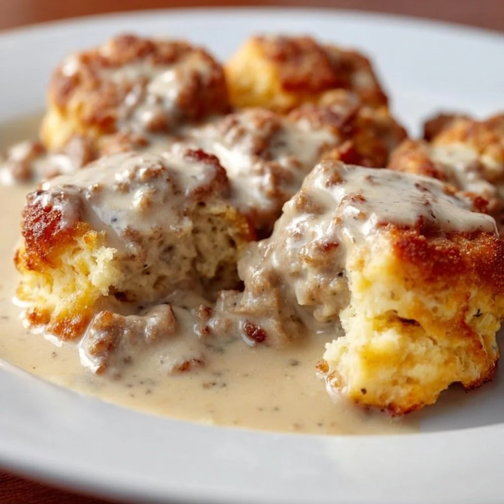 Delicious Southern sausage gravy served over fluffy biscuits