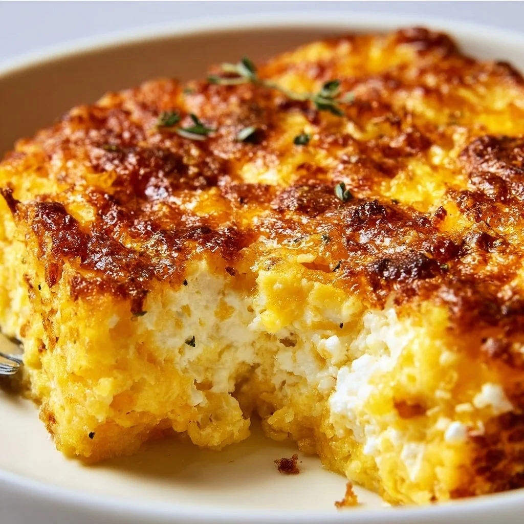 Delicious squash casserole topped with creamy ricotta cheese