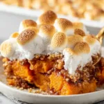 Sweet potato casserole topped with marshmallows, ready to serve.