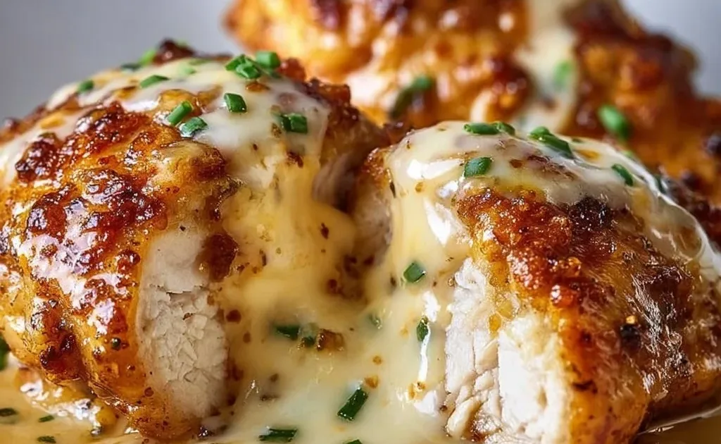 Texas Roadhouse Smothered Chicken topped with Jack Cheese on a plate