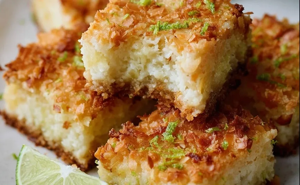 Delicious toasted coconut lime bars with a zesty lime topping on a coconut crust
