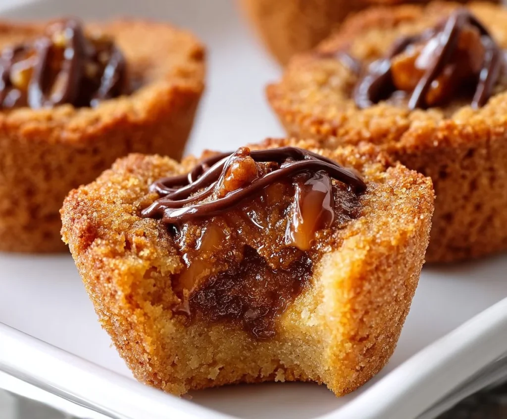 Turtle Cookie Cups with caramel, chocolate, and nuts on a dessert plate