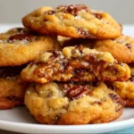 Plate of Turtle Pudding Cookies, featuring chocolate chips, caramel, and nuts.