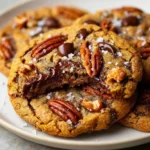 Plate of vegan brown butter chocolate chip pecan cookies