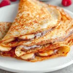 Delicious vegan crepes topped with fresh fruits and syrup