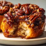 Plate of vegan pecan sticky buns topped with caramel and pecans