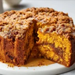 Vegan Sweet Potato Coffee Cake topped with frosting and pecans on a rustic plate