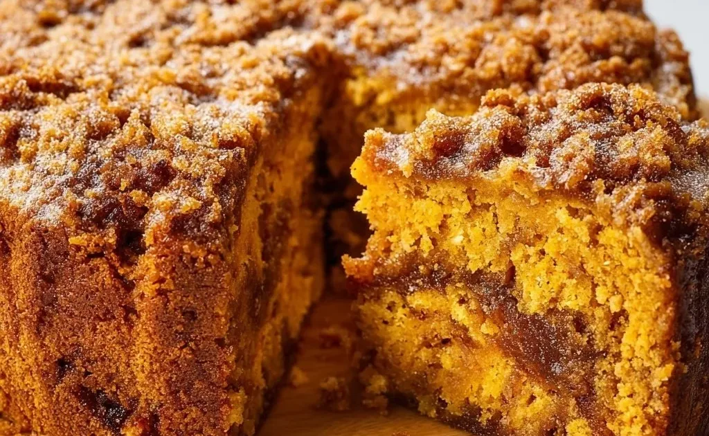 Vegan Sweet Potato Coffee Cake topped with frosting and pecans on a rustic plate