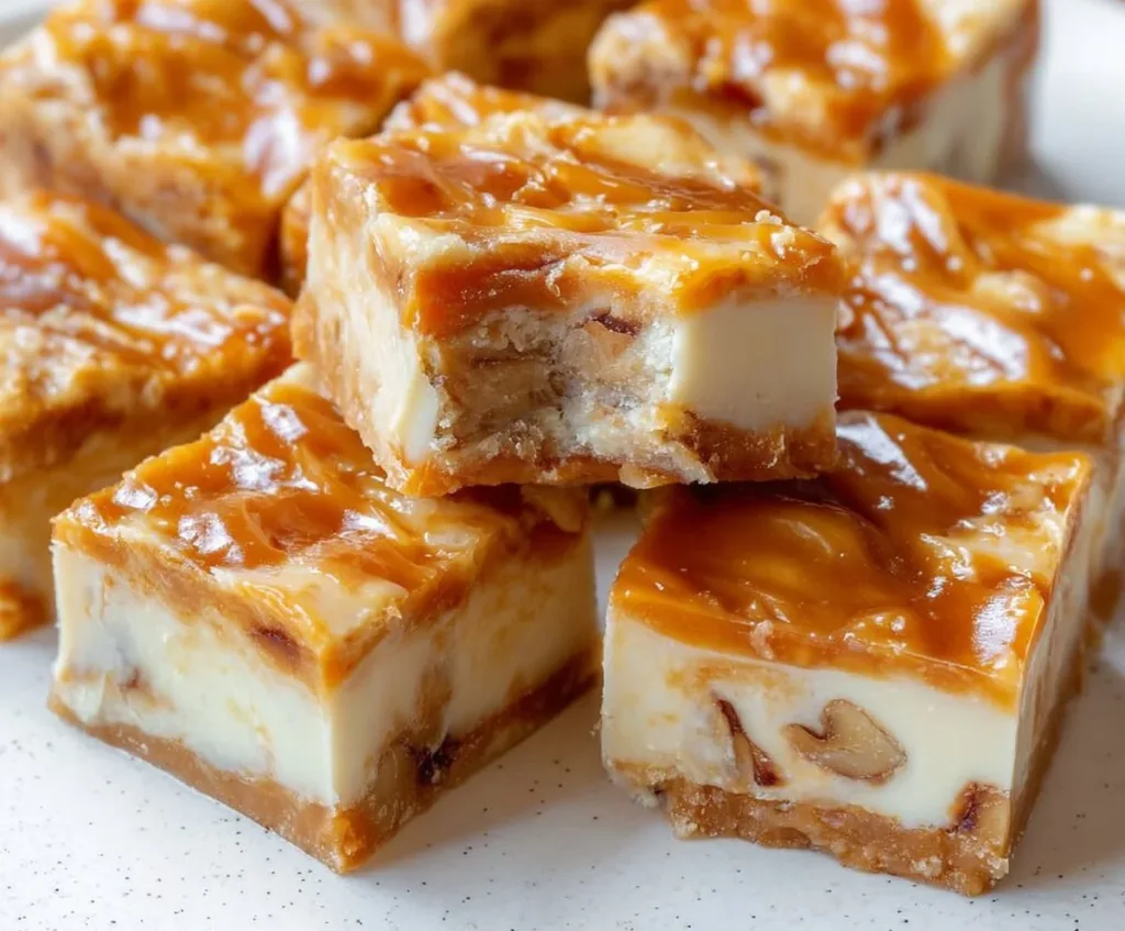 Delicious white chocolate caramel pecan fudge squares on a plate.
