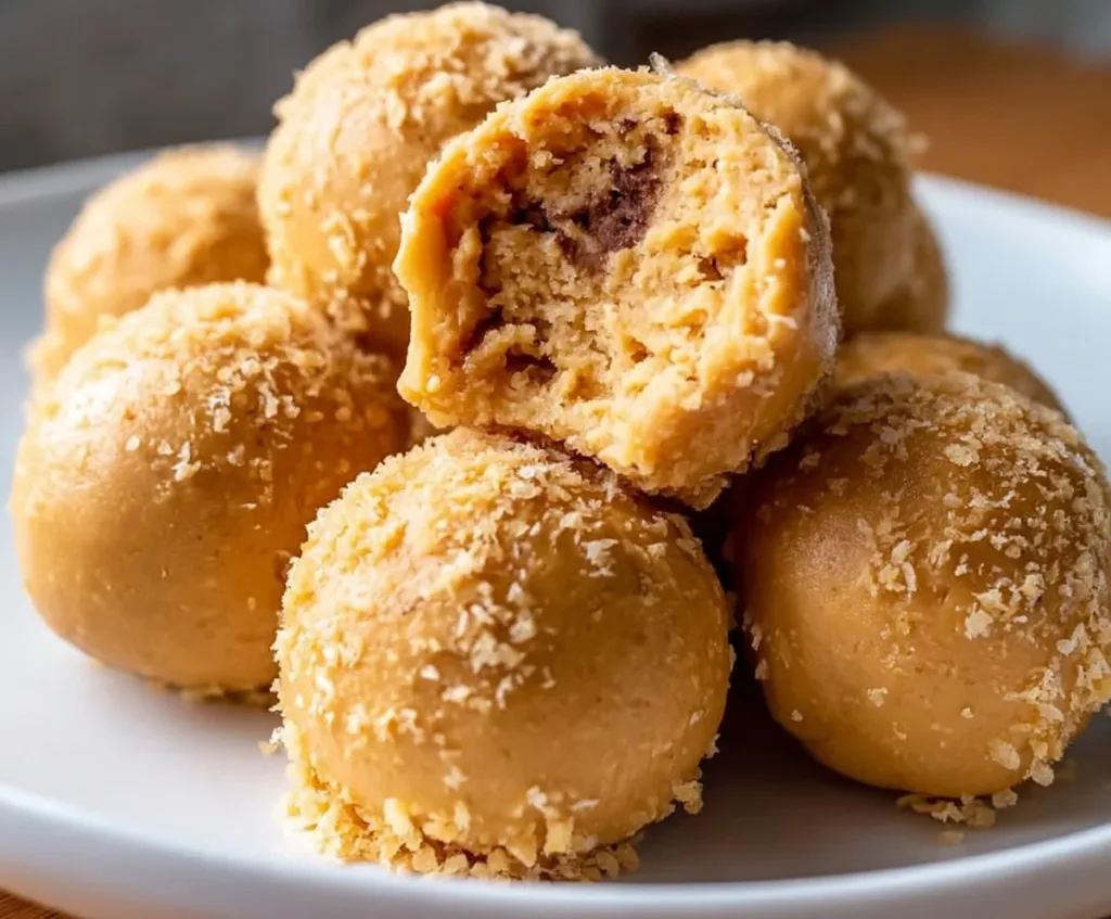 Three-ingredient peanut butter balls on a plate, perfect for snacking.