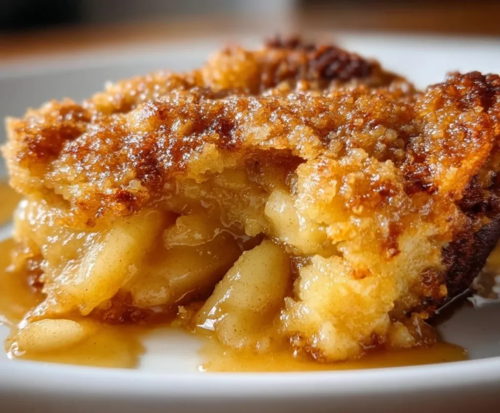 Delicious Apple Dump Cake served in a baking dish with cinnamon and apples.