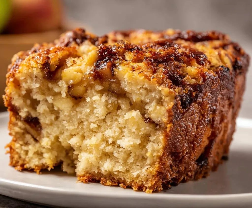 Sliced apple pie bread topped with cinnamon and fresh apples.