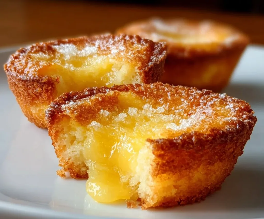 Delicious Baby Lemon Impossible Pies served on a plate with fresh lemon slices.