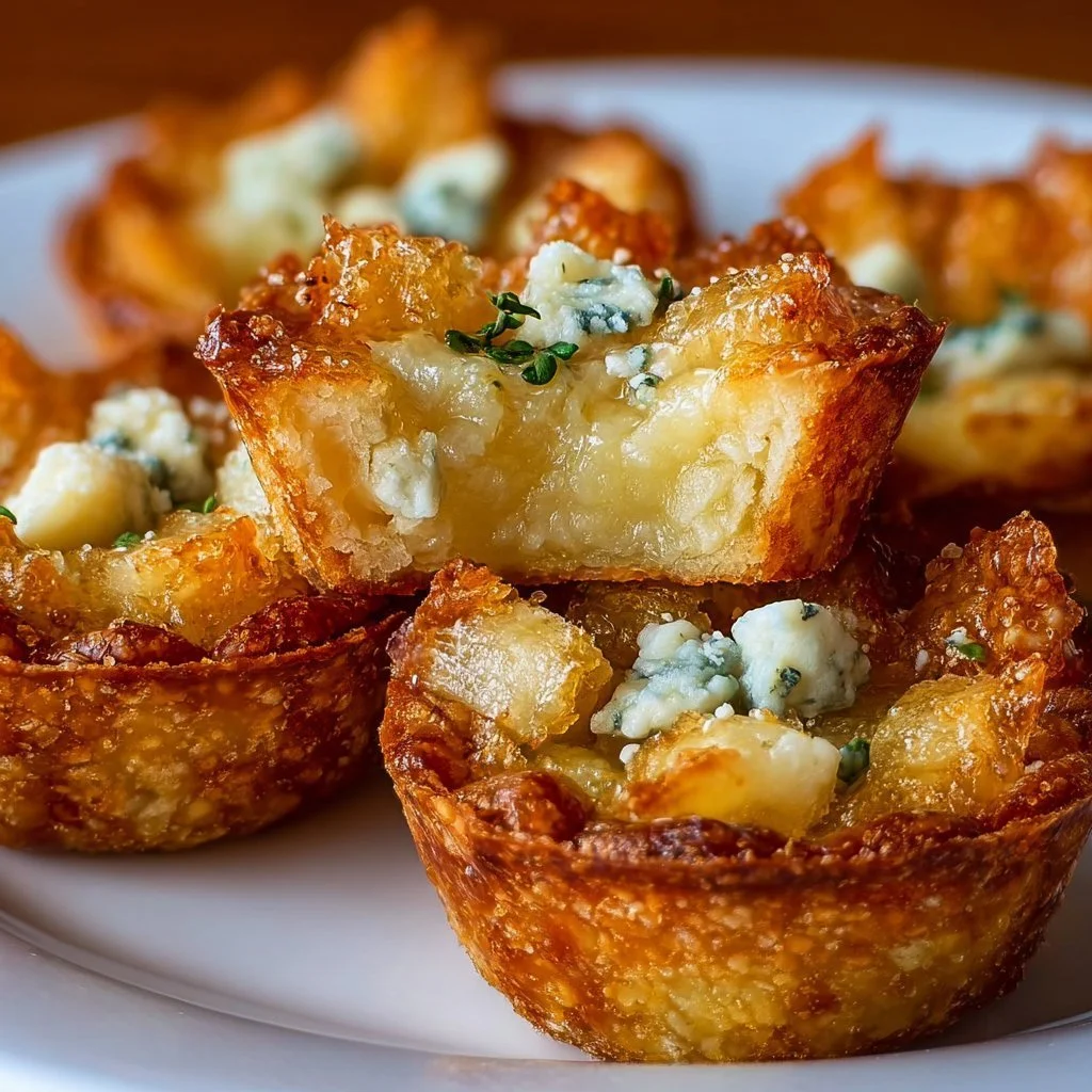 Plate of delicious blue cheese mini tarts ready to be served as appetizers.