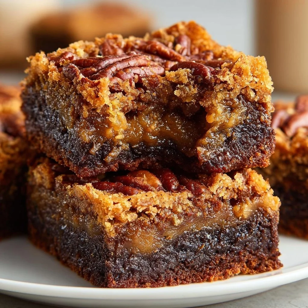 Decadent brownies topped with pecan pie for a delicious dessert treat.