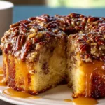 Delicious Butter Pecan Praline Poke Cake topped with praline and pecans