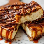 Delicious caramel turtle cheesecake topped with caramel and pecans.