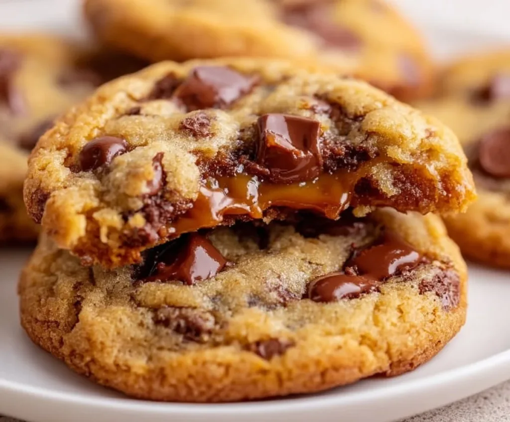 Delicious Chocolate Chip Caramel Cookies with gooey chocolate and caramel