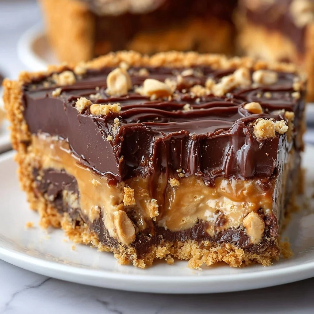 Delicious Chocolate Peanut Snickers Pie topped with peanuts and chocolate drizzle