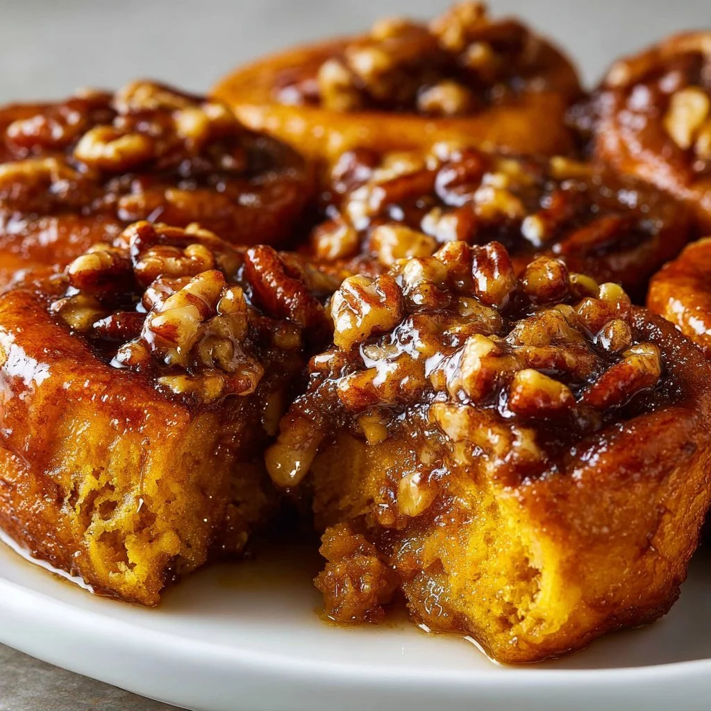 Delicious warm pumpkin pecan sticky buns topped with glaze