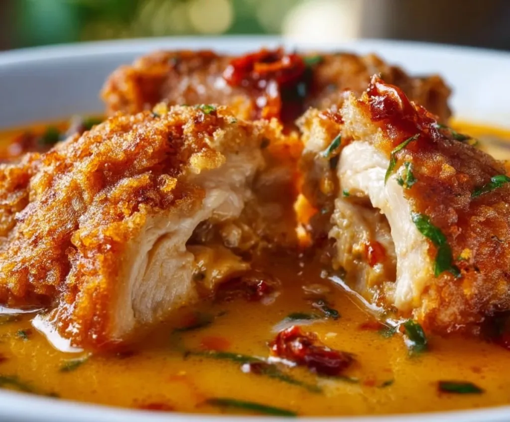 Creamy chicken soup with sundried tomatoes served in a bowl