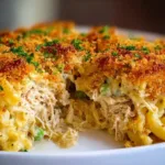 Delicious creamy tuna casserole served in a baking dish, perfect for family dinners