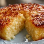 Delicious crustless coconut pie on a white plate with a slice taken out.