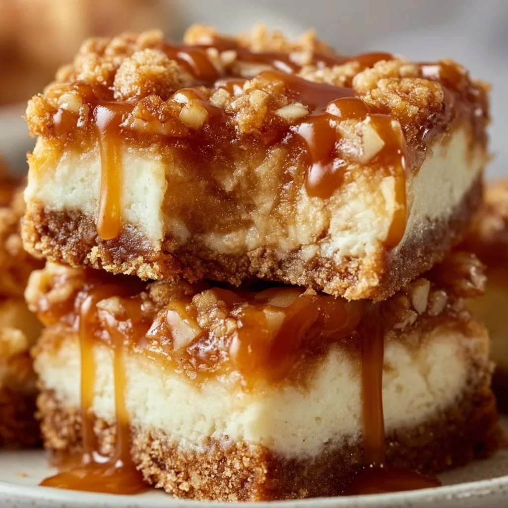 Delicious caramel apple cheesecake bars ready to be served