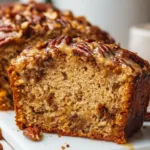 Loaf of easy maple pecan bread with nuts on a wooden table.