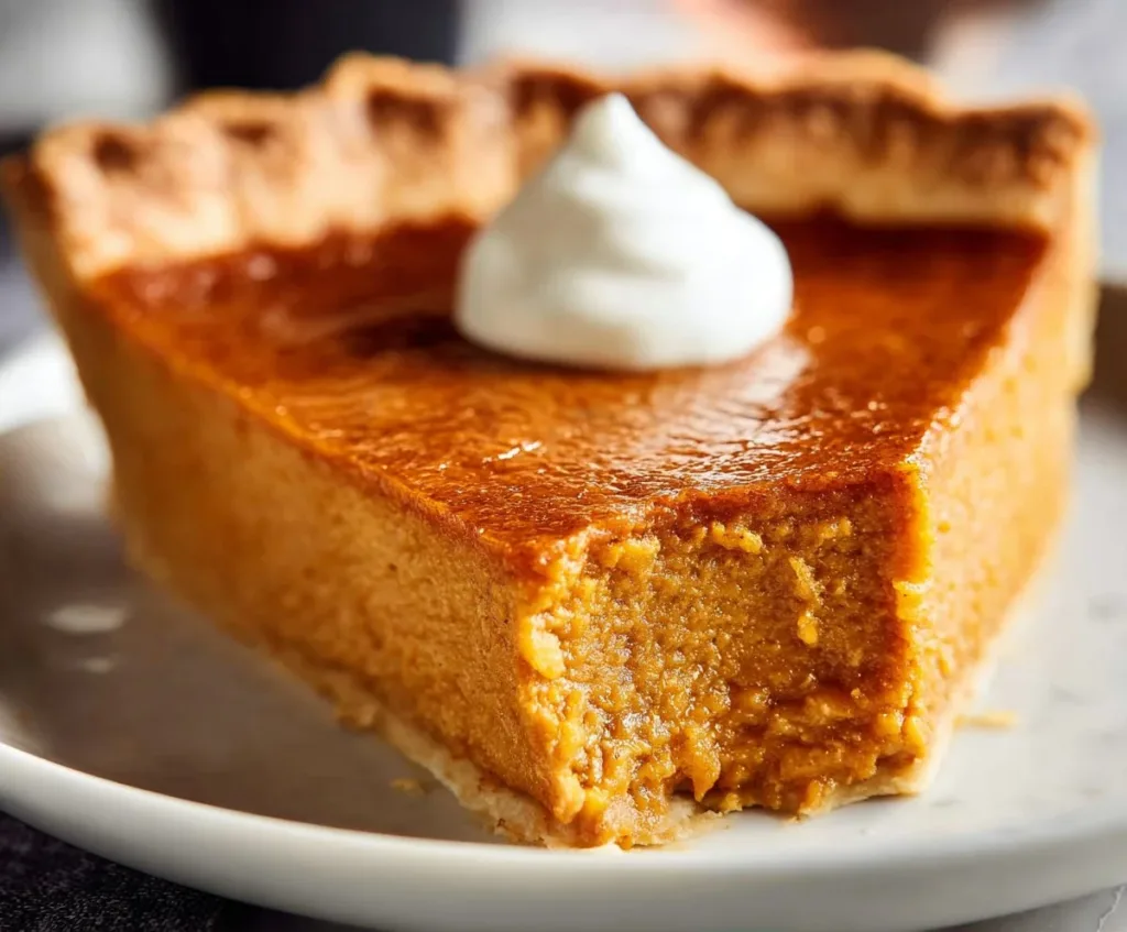 Slice of easy pumpkin pie with whipped cream on top